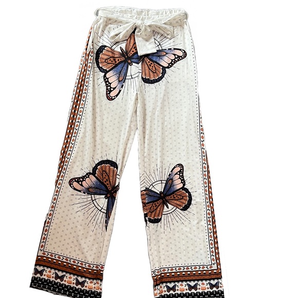 WHITE/ORANGE/PURPLE WIDE LEG BUTTERFLY PRINT PALAZZO SUMMER PANT WITH POCKETS - Picture 2 of 8
